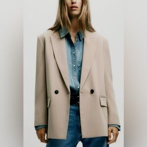 ZARA Oversized Ecru Crepe Double Breasted Blazer Jacket size small